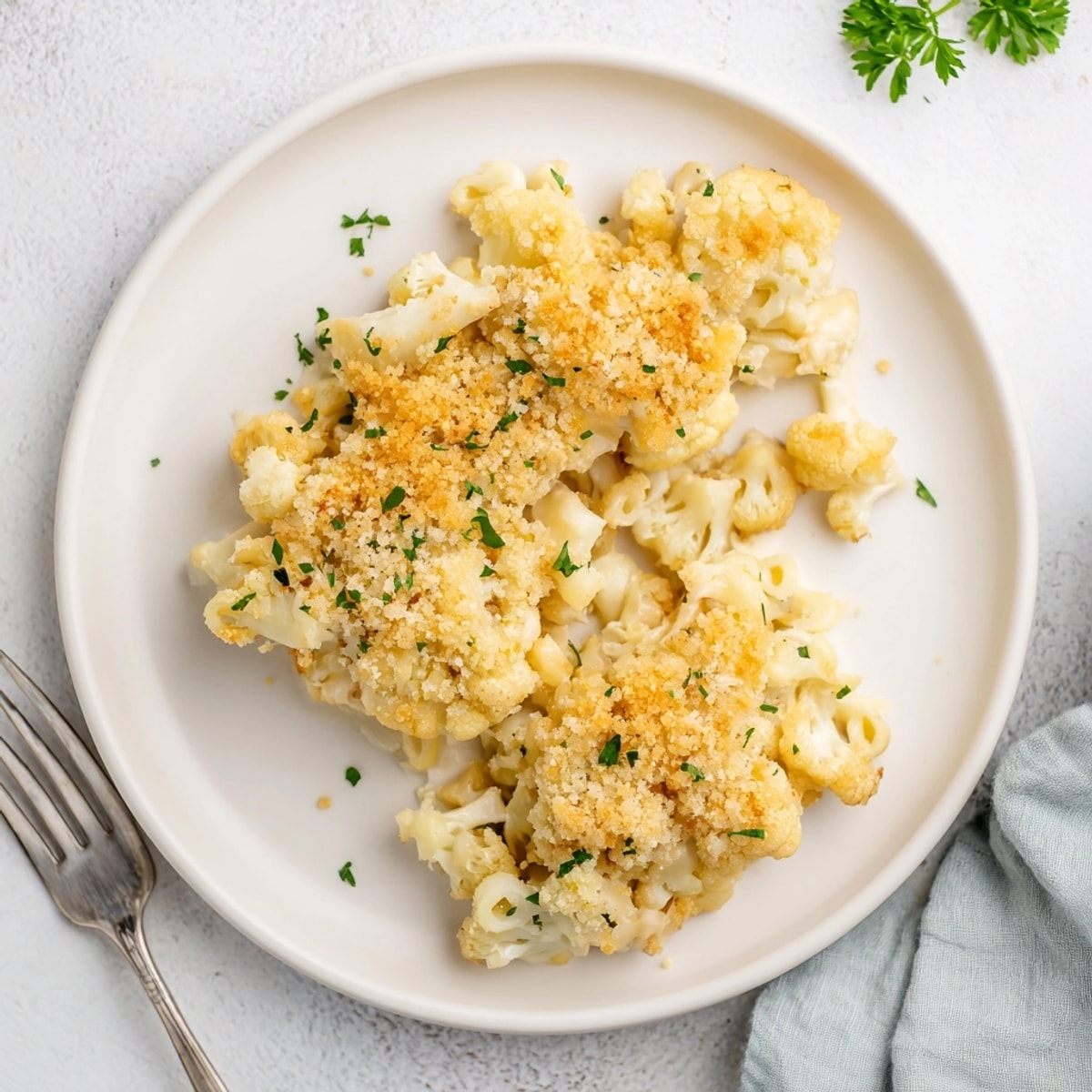 Baked Cauliflower Mac and Cheese, vegetarian comfort food, shown in dish before serving.
