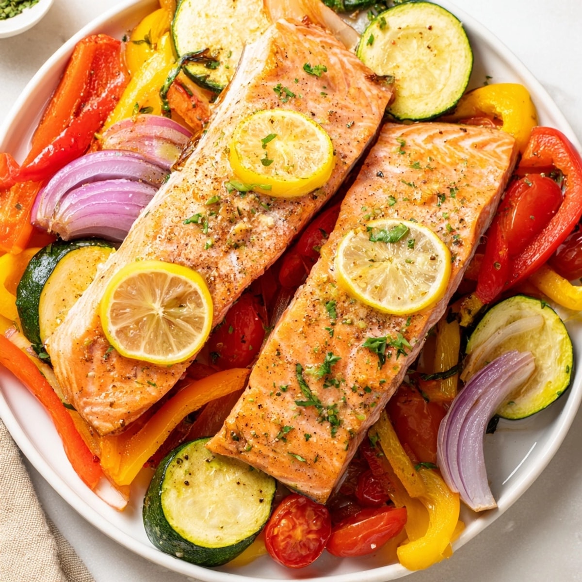 Sheet-Pan Salmon with Roasted Vegetables, a colorful healthy dinner ready in under 40 minutes.