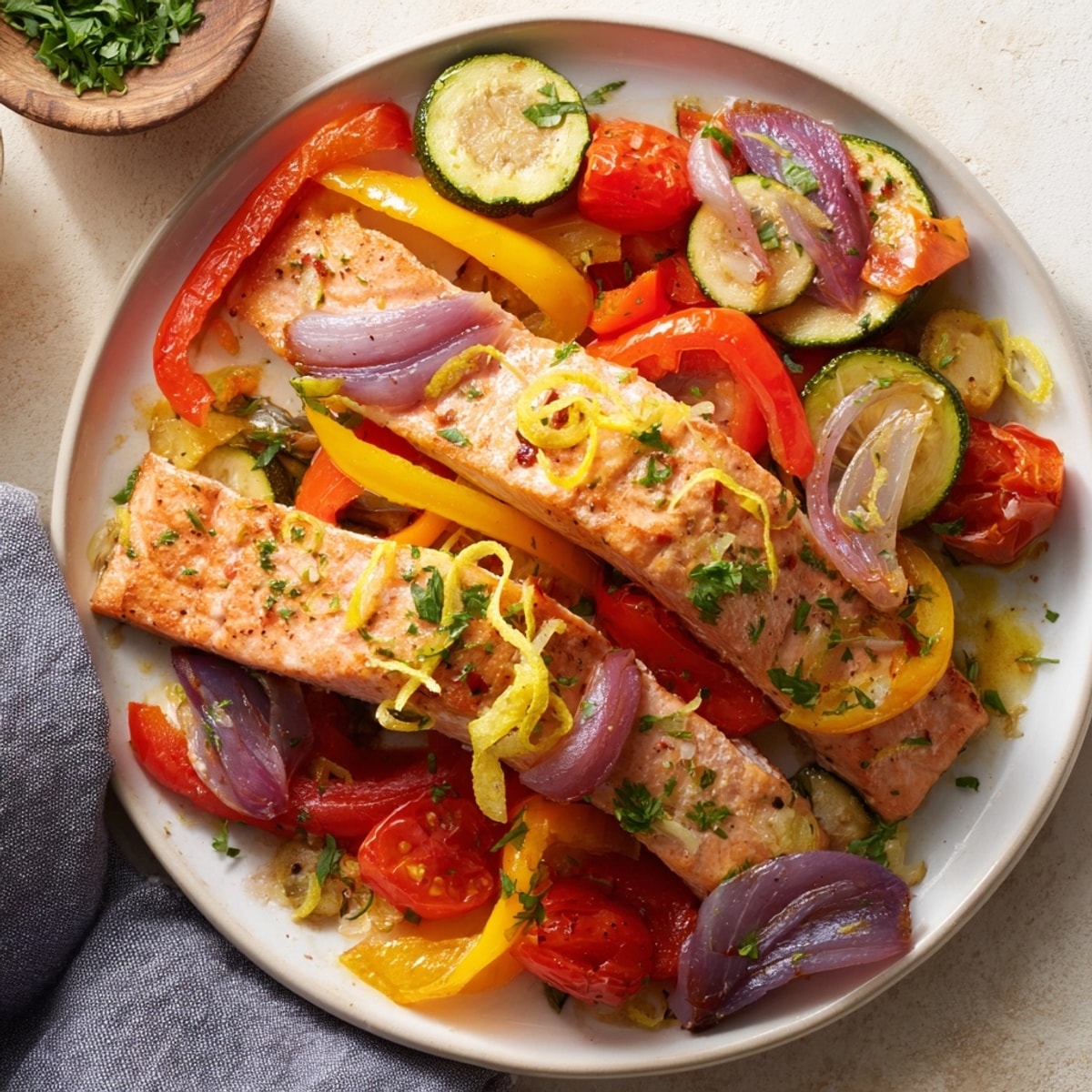 Sheet-Pan Salmon with Roasted Vegetables: Tender salmon and perfectly roasted veggies, garnished with fresh parsley.