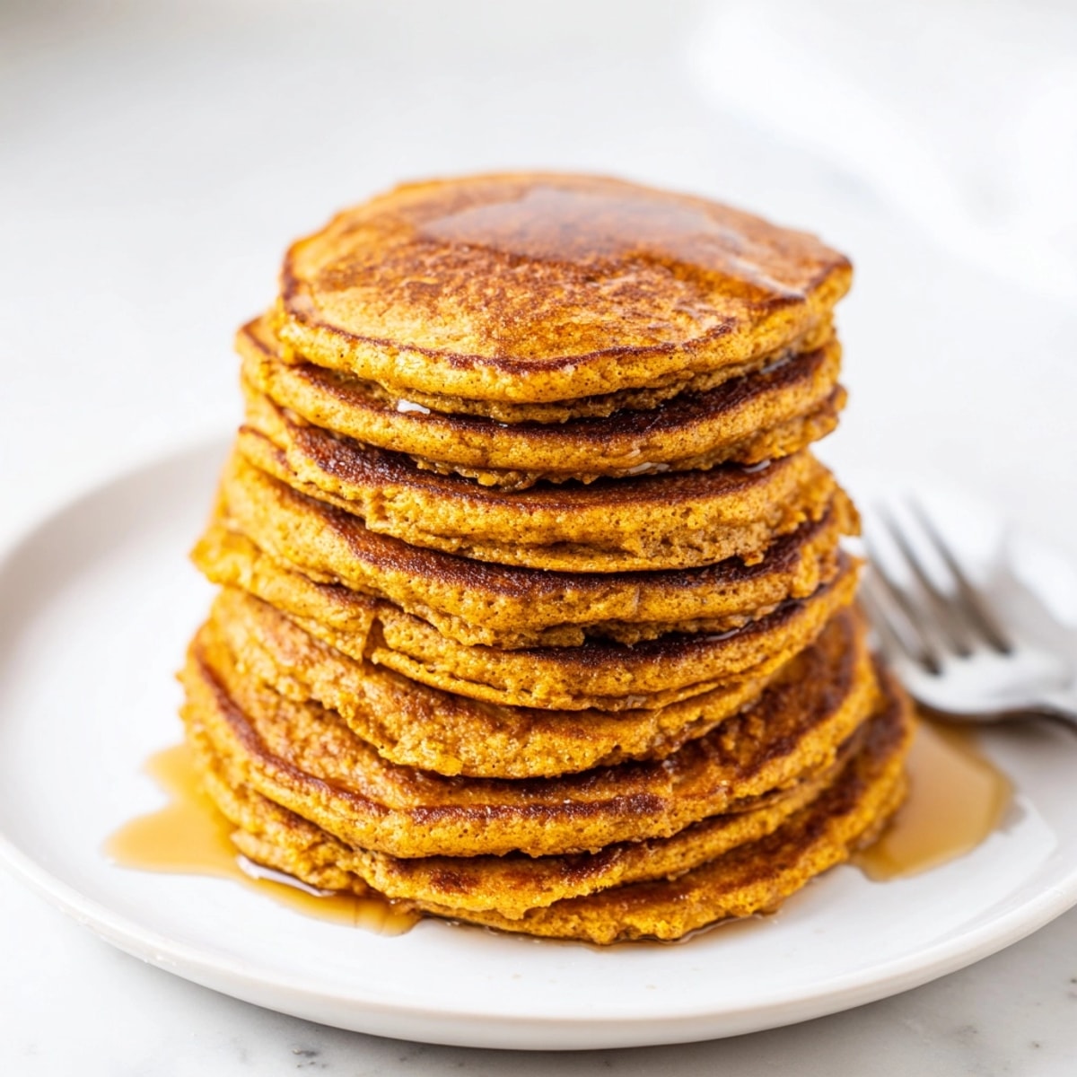 Golden Paleo Pumpkin Pancakes cooking on the griddle, ready for a warm, spiced breakfast.