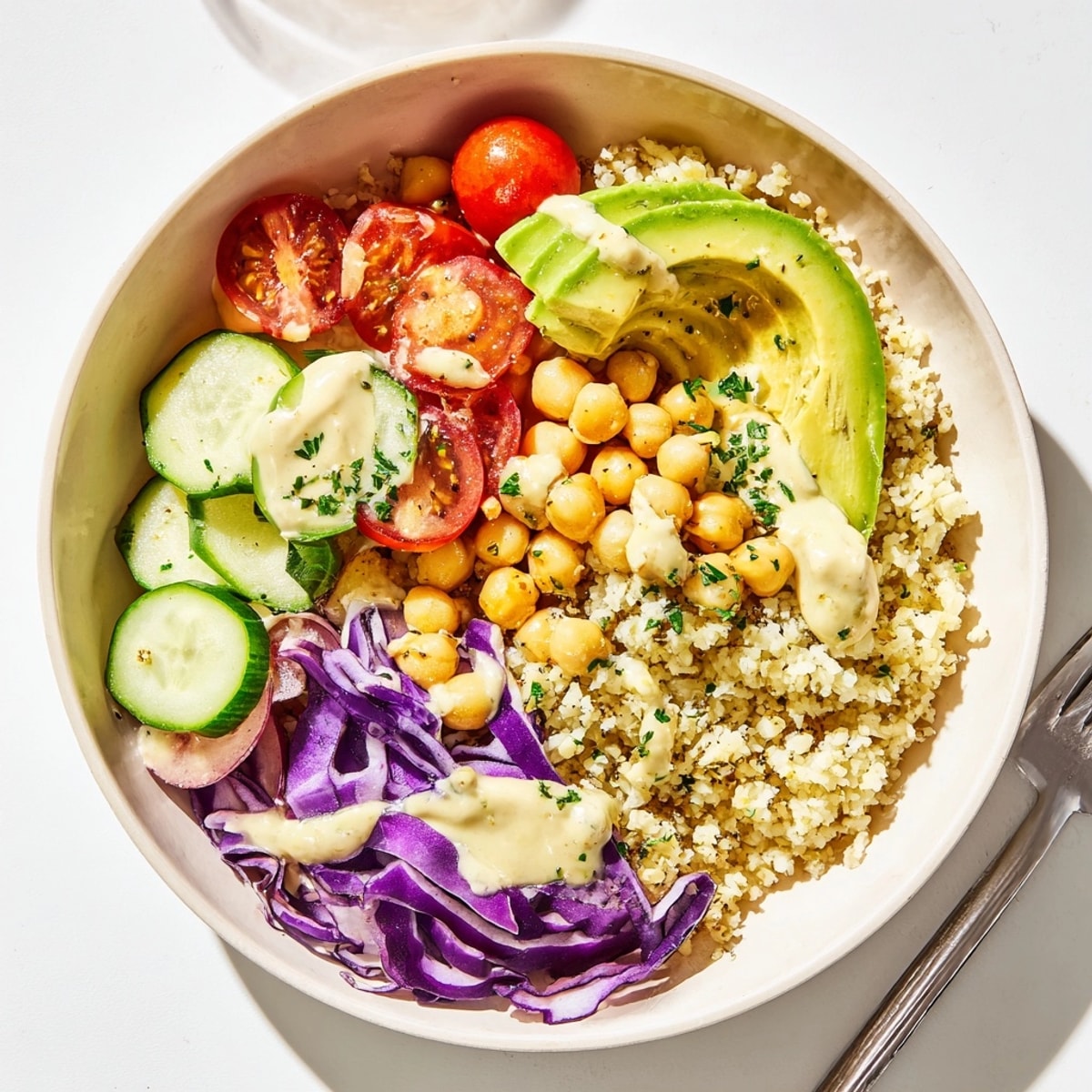 Golden sautéed cauliflower rice topped with colorful veggies makes a healthy Cauliflower Rice Bowl.