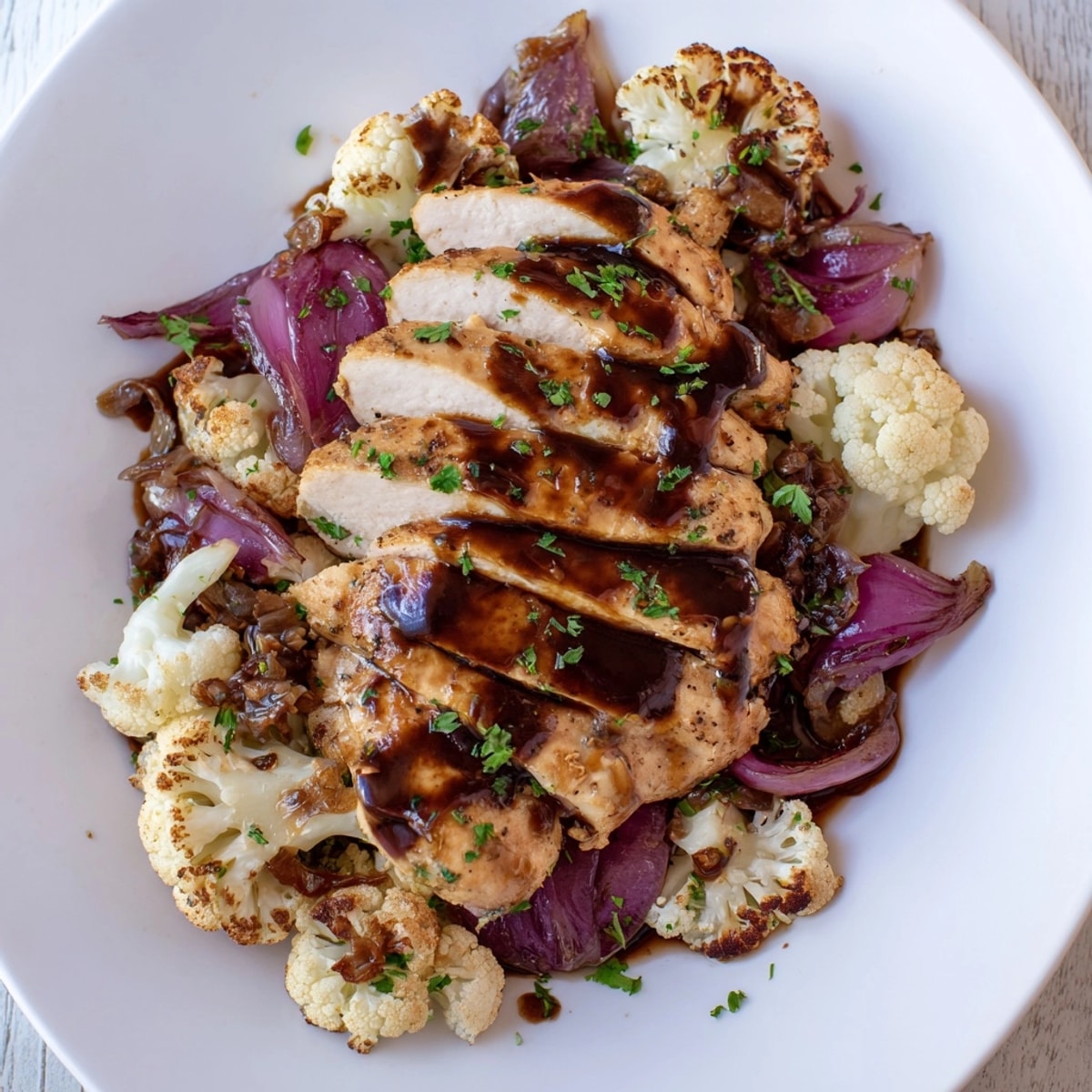 Tangy Balsamic Chicken Cauliflower recipe: baked chicken nestled among caramelized cauliflower; easy weeknight dinner.