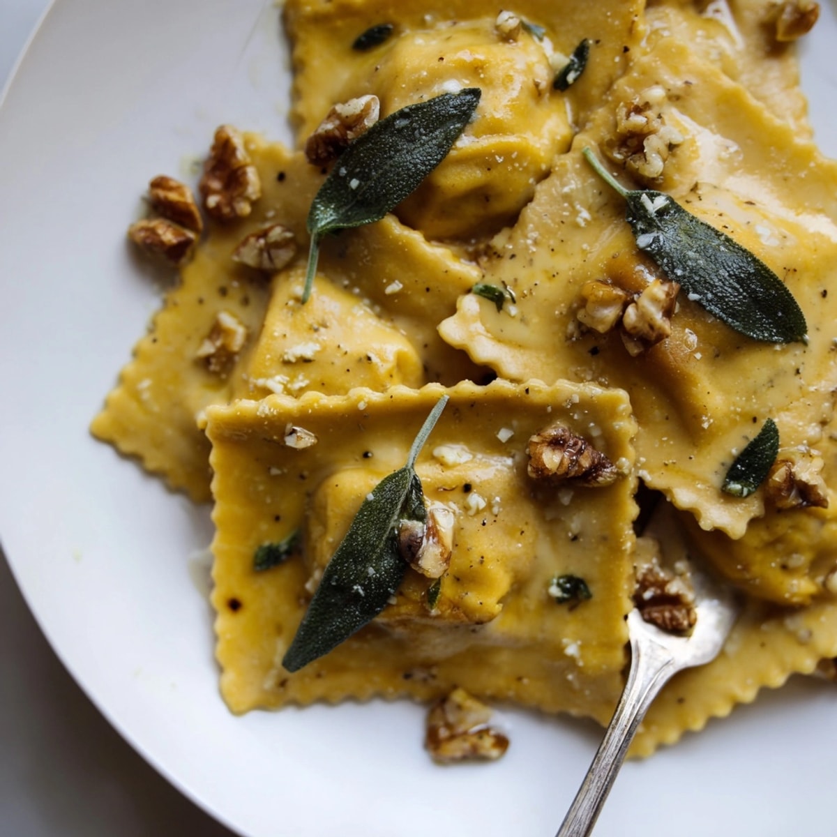 Homemade Vegan Pumpkin Ravioli plated beautifully, ready to enjoy for a comforting autumn meal.