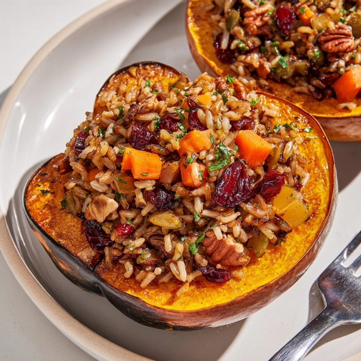 Imagine: Fragrant Wild Rice Stuffed Squash, a Thanksgiving feast with nutty aromas and festive flavors.