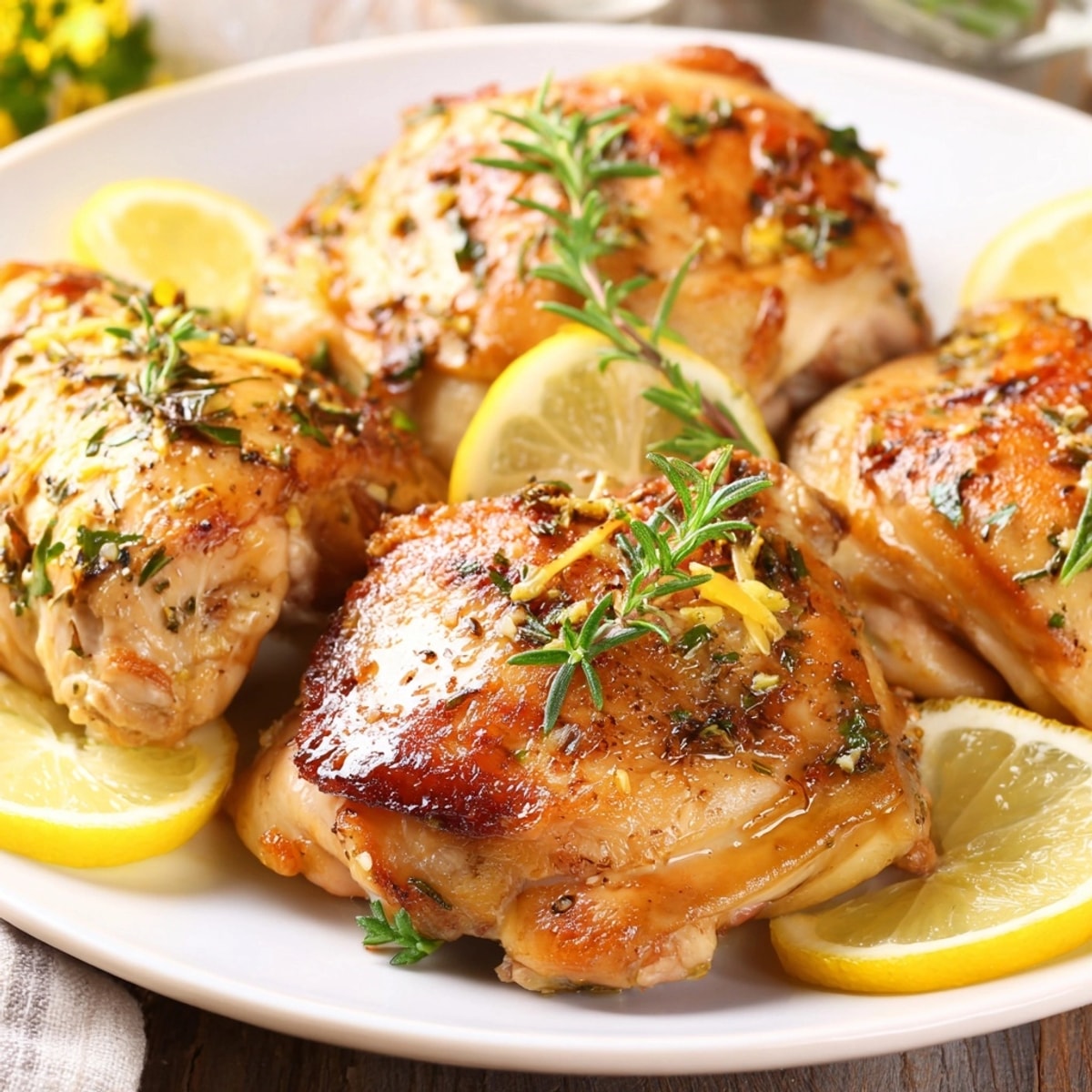 Golden Lemon Herb Chicken recipe, pan-seared and roasted, served with bright lemon slices.