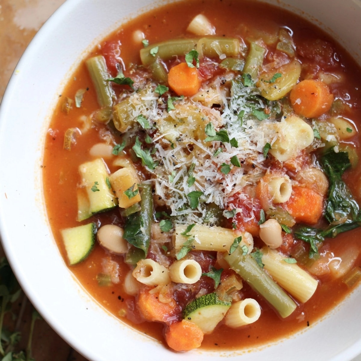 Vegetable Minestrone Soup recipe served with crusty bread, perfect for colder days, garnished attractively.