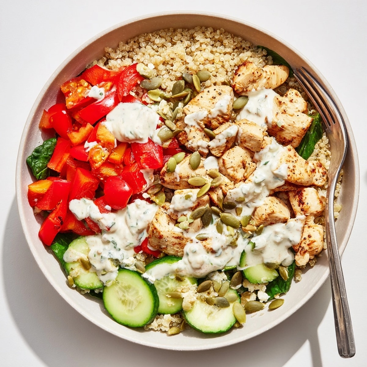 A colorful, fresh High-Protein Chicken Bowl with quinoa, veggies, and creamy yogurt dressing.