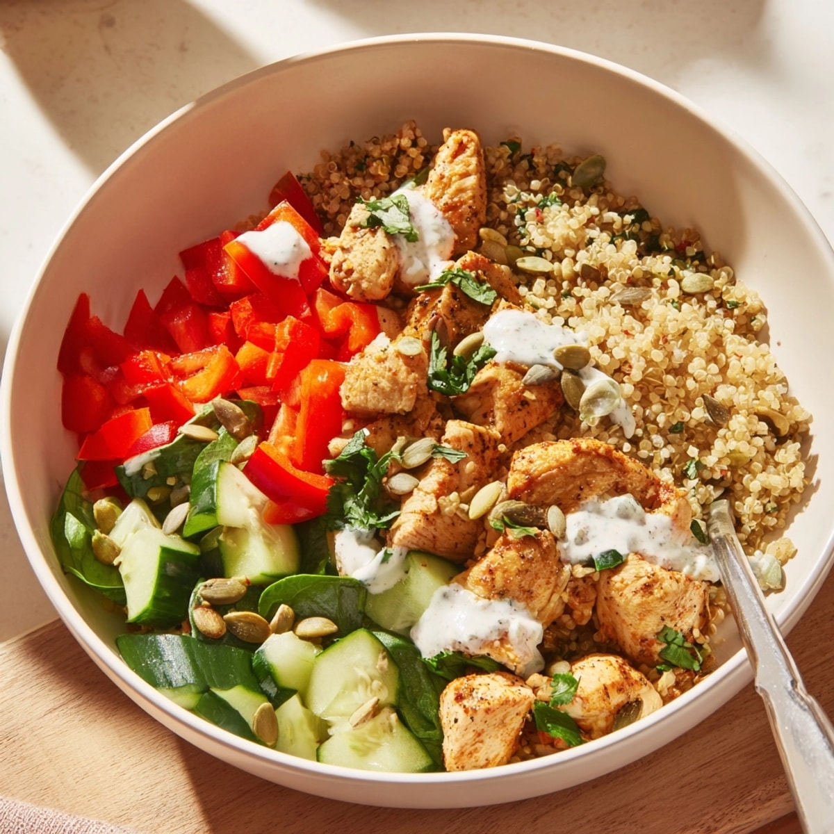 Imagine tasting this vibrant High-Protein Chicken Bowl, topped with feta and savory seeds.