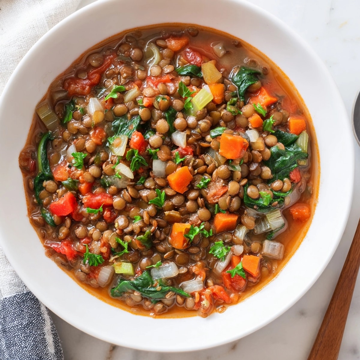 Bowl of steaming Protein-Packed Lentil Stew, garnished with fresh parsley, ready to serve.