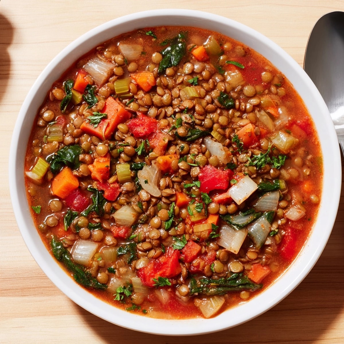 A vibrant Protein-Packed Lentil Stew simmering in a pot, showcasing diverse vegetables.
