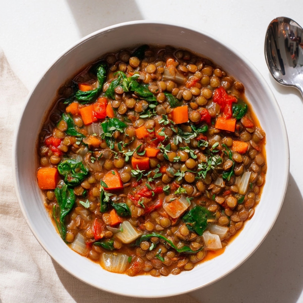 Close-up of hearty Protein-Packed Lentil Stew showing tender lentils and colorful ingredients.