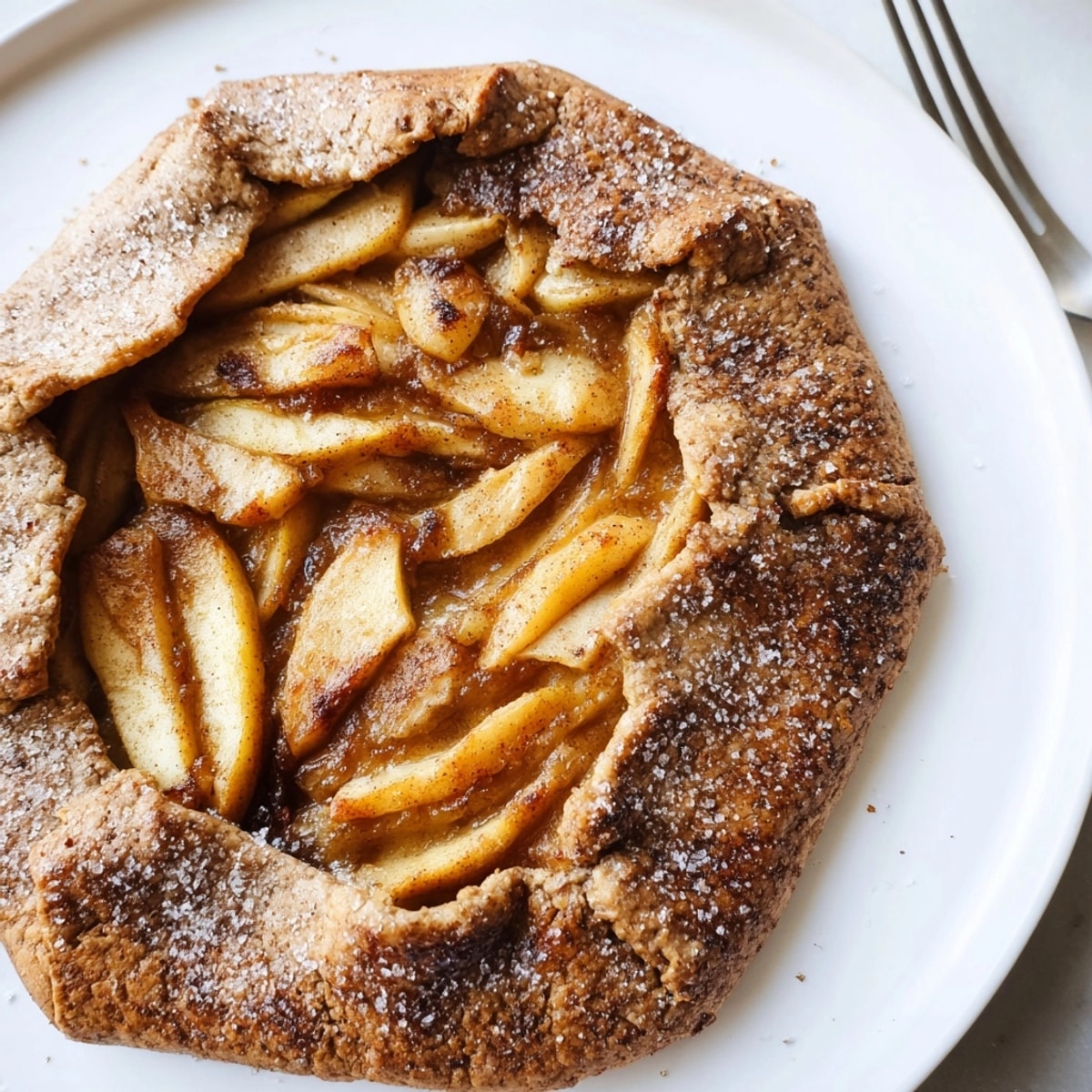 Golden brown Buckwheat Apple Galette, a rustic dessert with tender spiced apples peeking out.