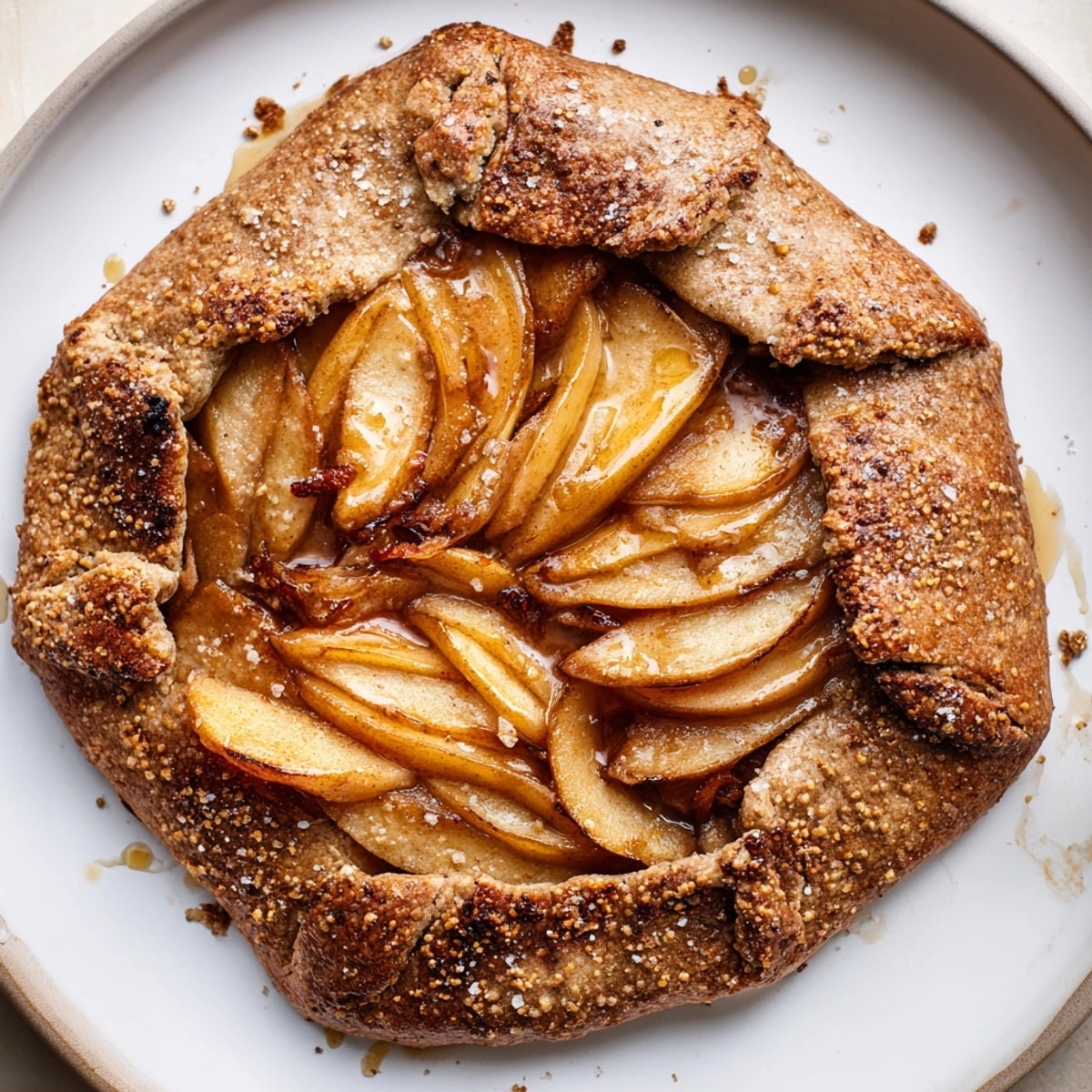 Warm, flaky Buckwheat Apple Galette on a plate, ready to serve with vanilla ice cream.