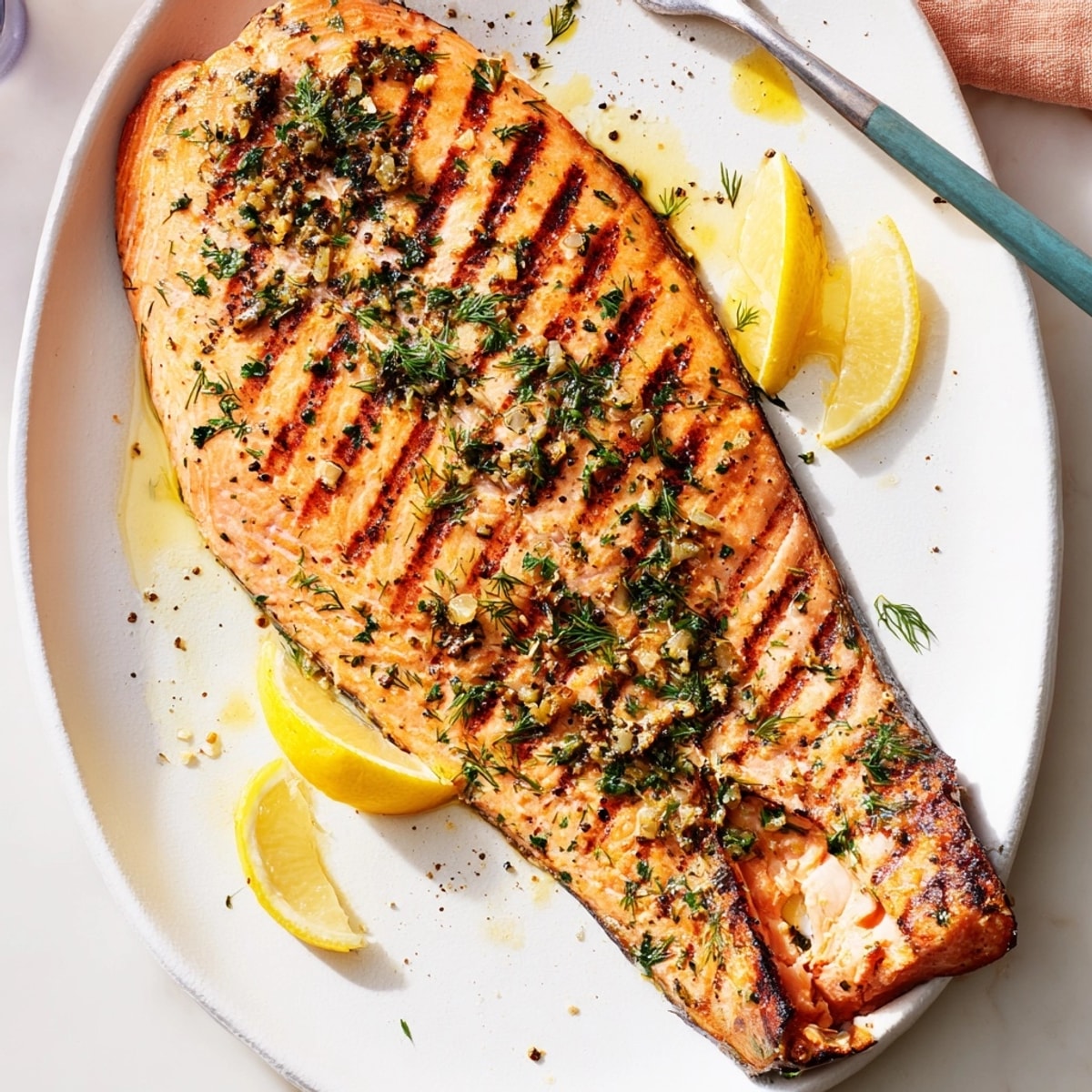 Juicy Grilled Salmon with Herbs: A close-up shows grilling marks &amp; lemon slices.