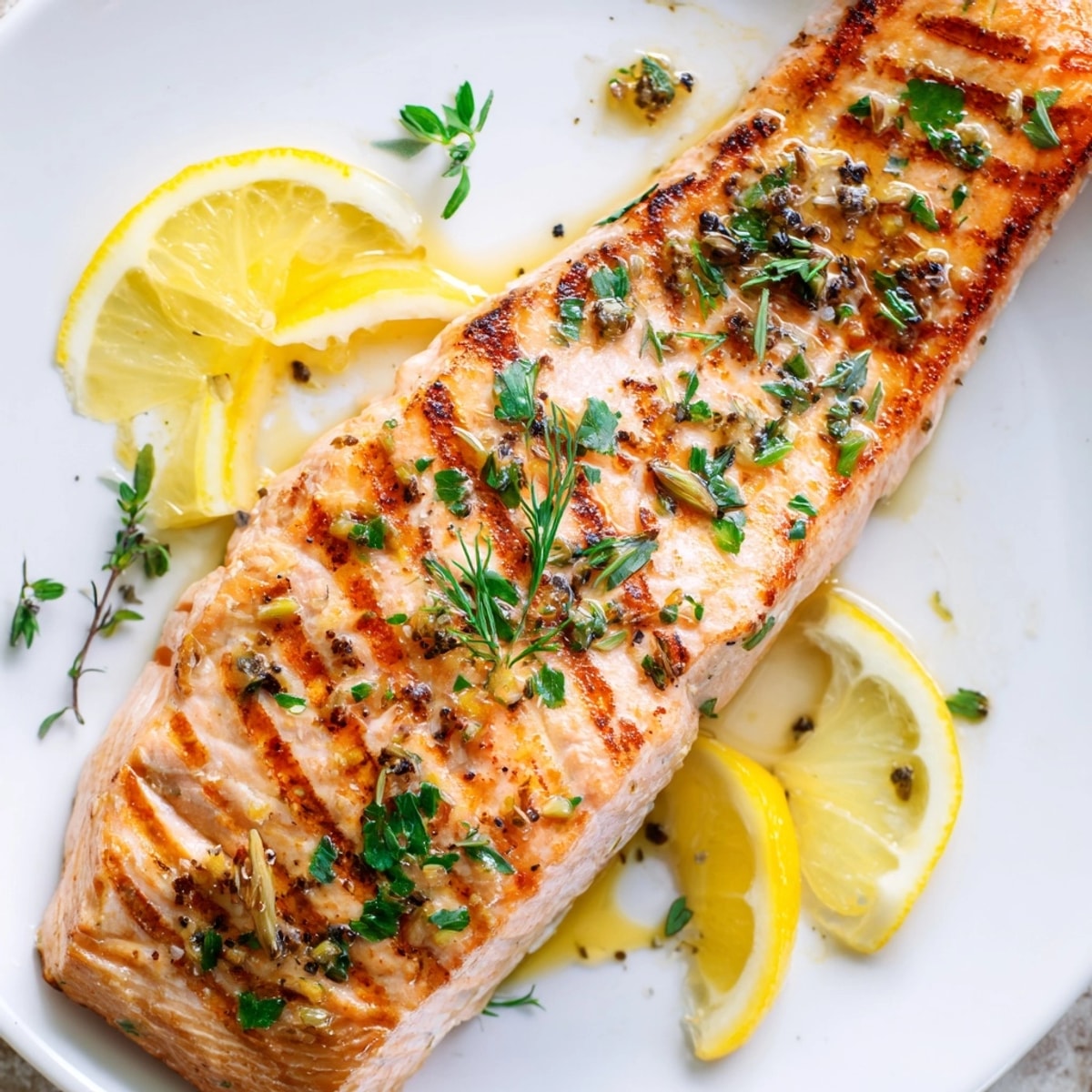 Easy Grilled Salmon with Herbs plated, ready to serve with a white wine pairing.