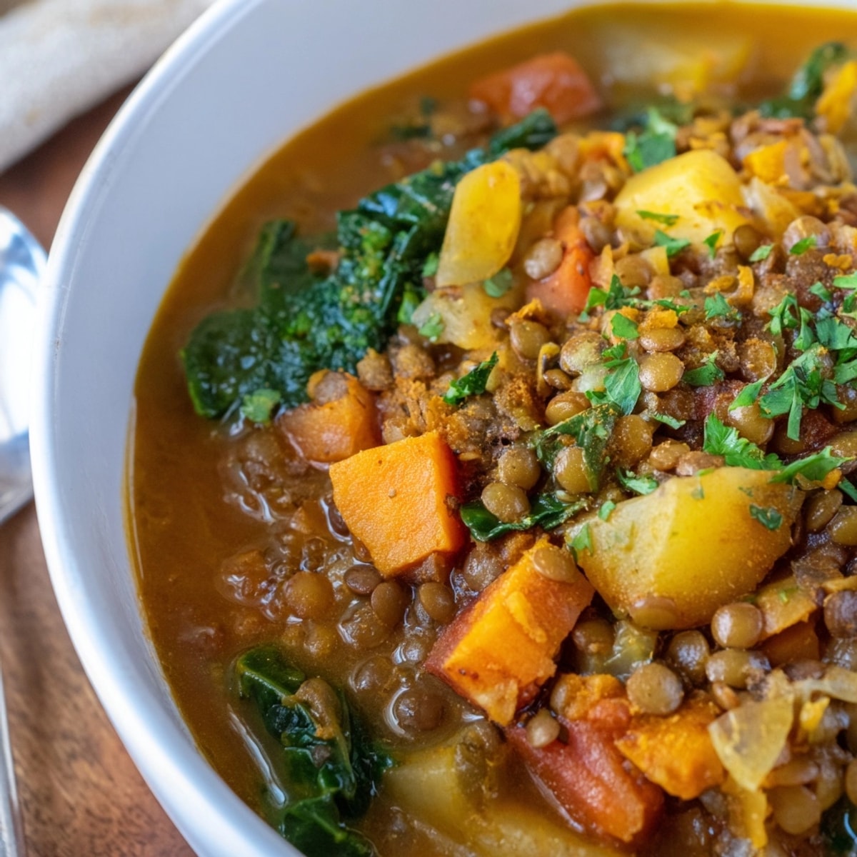 Close-up of hearty Lentil and Kale Stew, garnished with fresh parsley, inviting aroma.