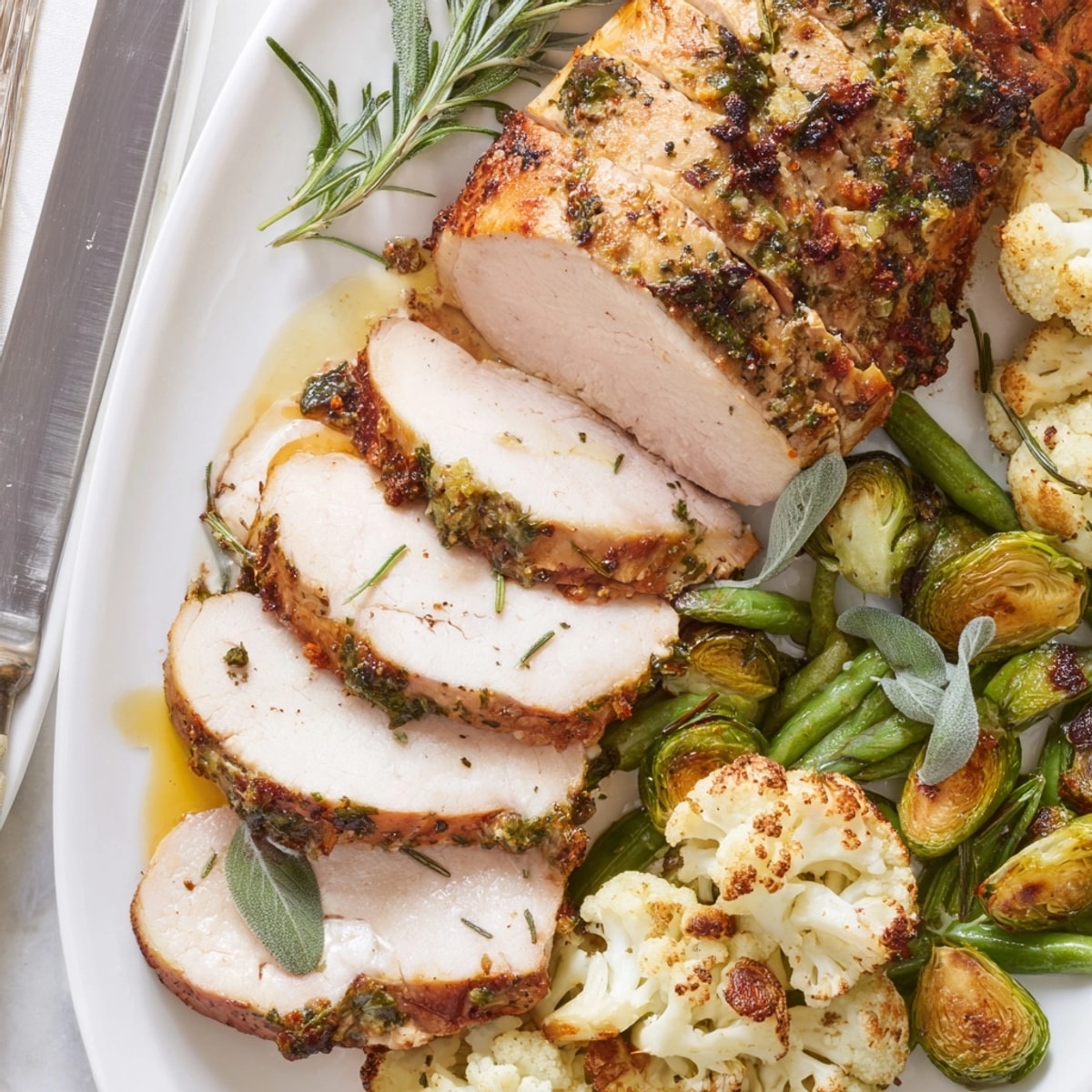 Golden brown Keto Thanksgiving Roast plated with herbed vegetables, ready to carve.