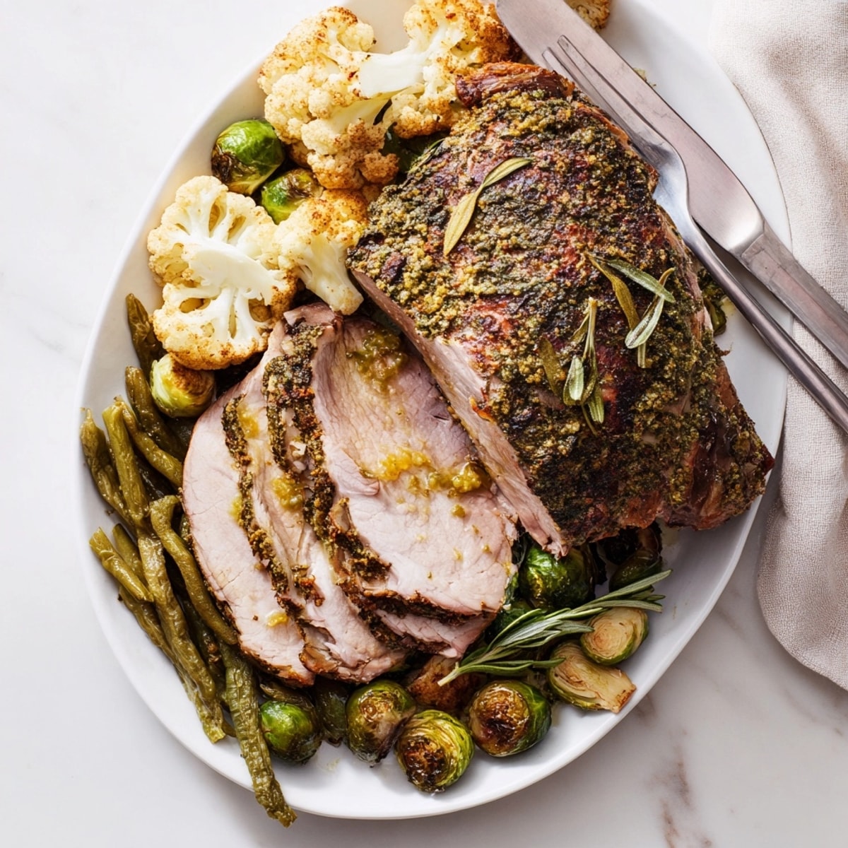 Juicy Keto Thanksgiving Roast with crisp-tender Brussel sprouts and cauliflower, Thanksgiving dinner.