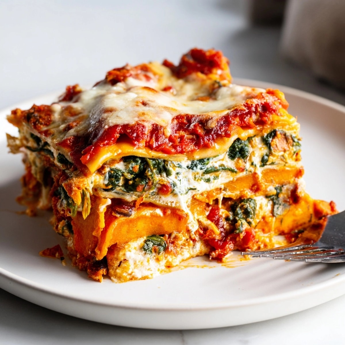 Golden-brown gluten-free butternut lasagna with bubbling mozzarella, a comforting layered vegetarian dinner.