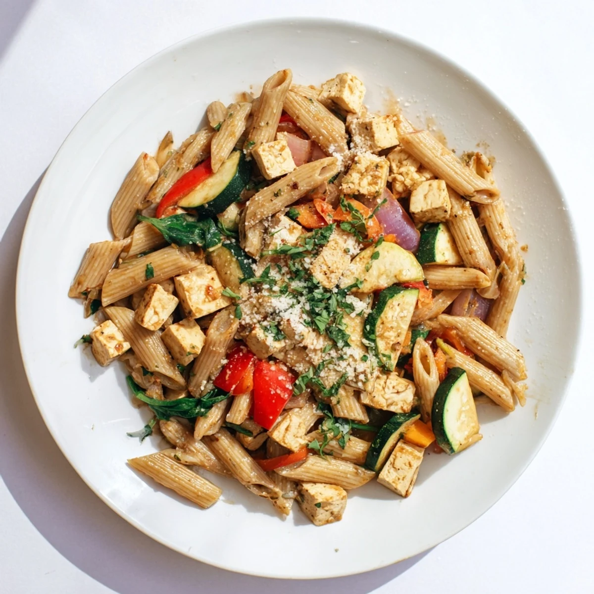 Freshly cooked New Year High Protein Pasta, a colorful dish with chicken and vibrant vegetables, ready to eat.