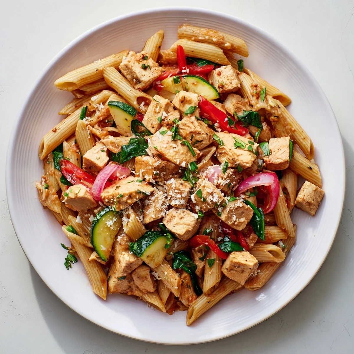 Steaming bowl of New Year High Protein Pasta, with visible penne, herbs, and a satisfying, wholesome meal.