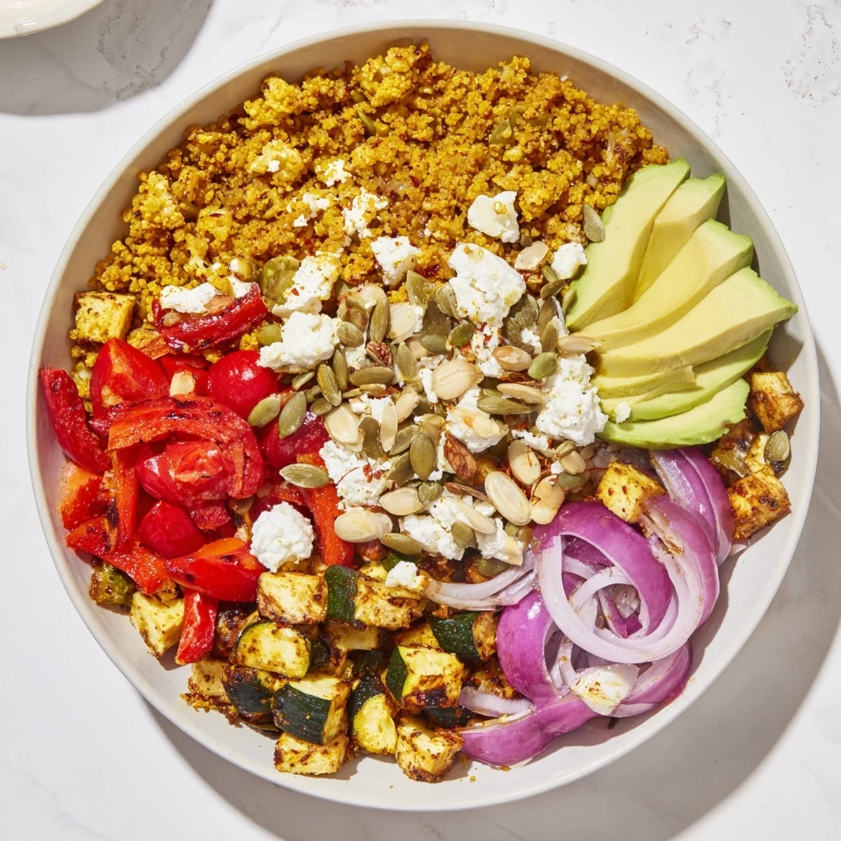 Vibrant Solstice Low Carb Grain Bowl topped with roasted veggies, feta, and toasted seeds, ready to eat.