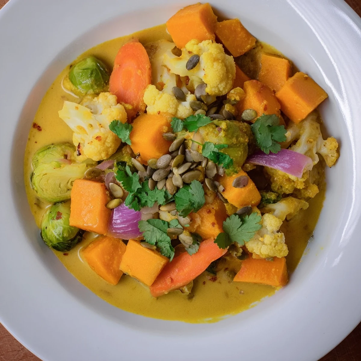 Brightly colored Winter Garden Paleo Curry boasts tender vegetables swimming in a creamy coconut broth.