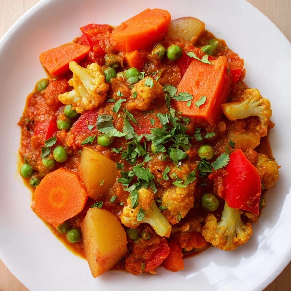 Flavorful Frosty Morning Low Fat Curry, with tender carrots and potatoes, ready to be served over rice.
