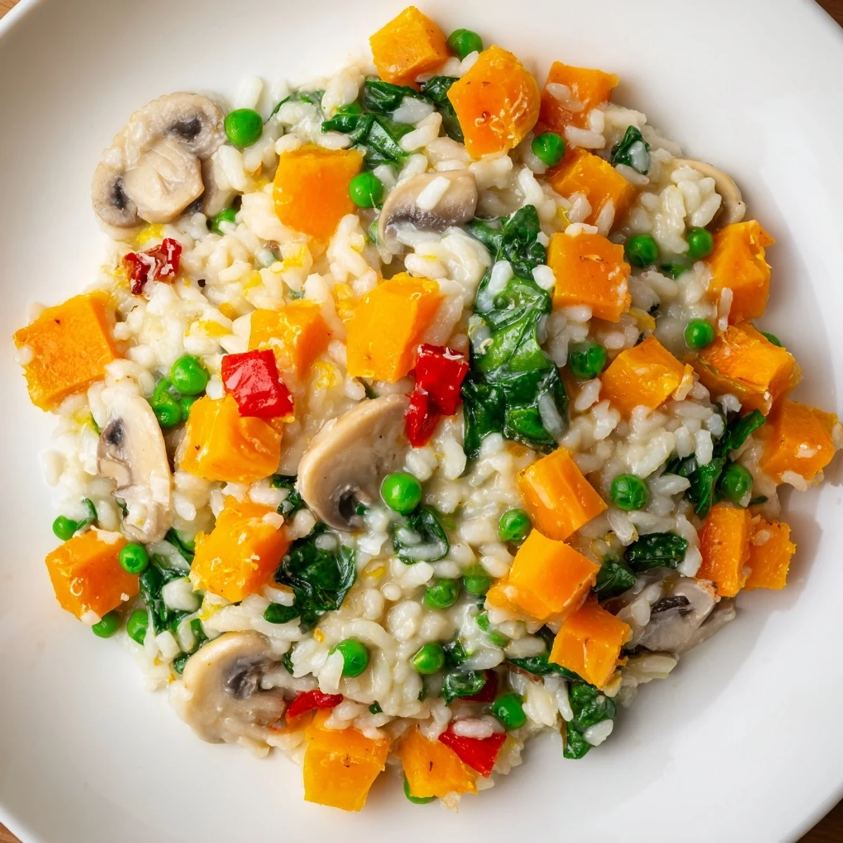 A close-up of a steaming Holiday Market Low Fat Risotto with vibrant squash and mushroom pieces.