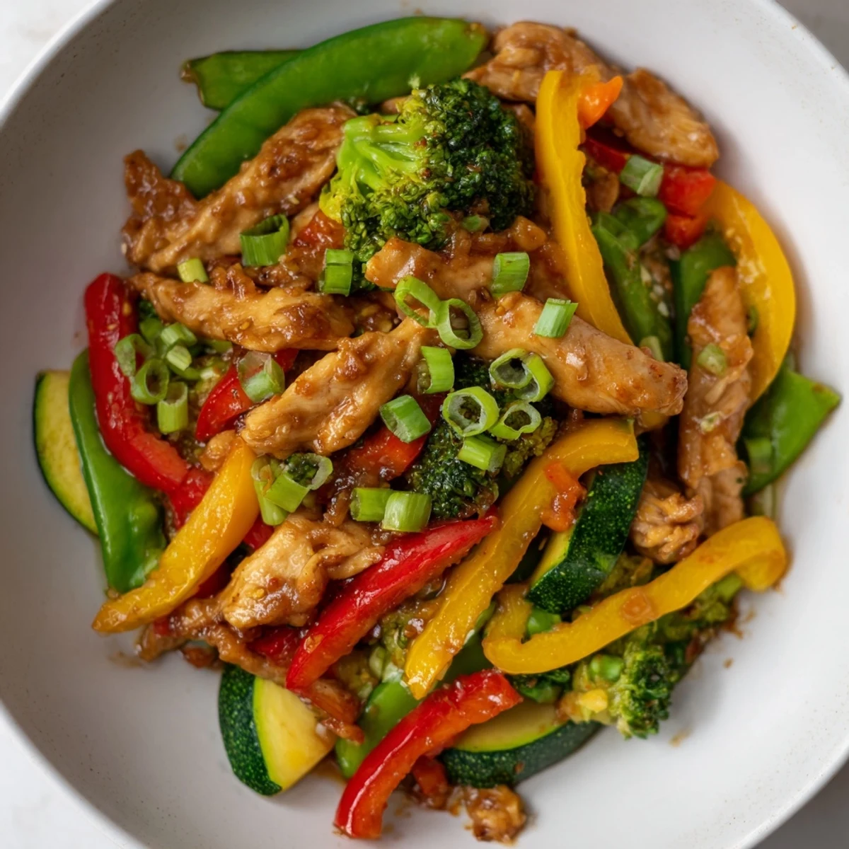 Crisp Air Low Carb Stir Fry with colorful bell peppers and tender chicken, ready to eat.