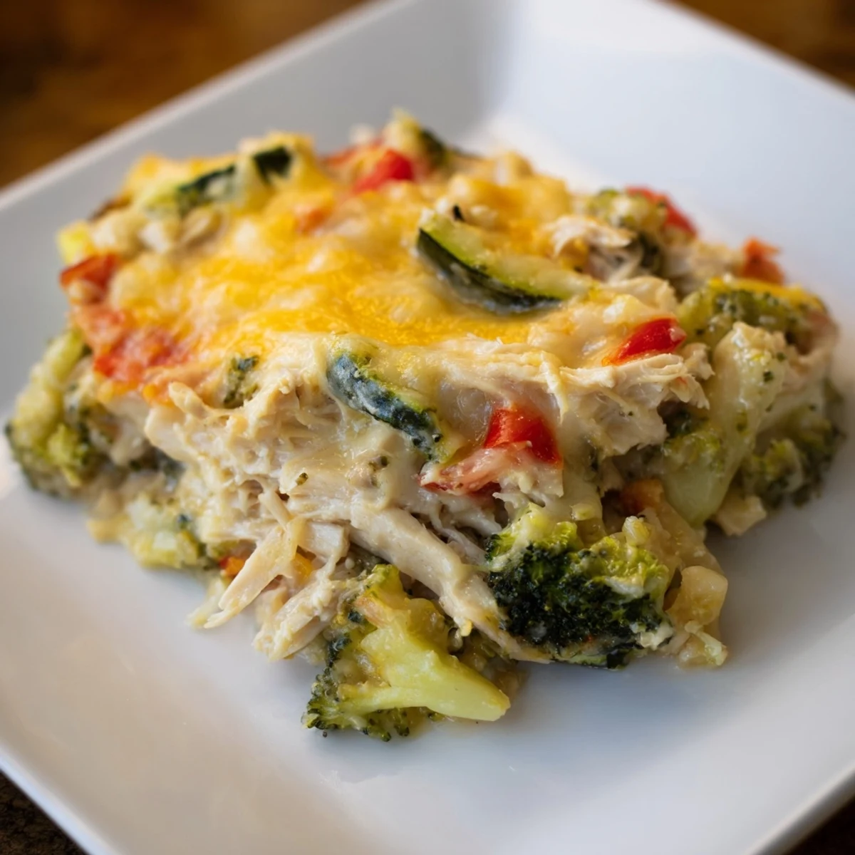 A creamy, cheesy Chilly Breeze Low Carb Casserole with visible chunks of colorful vegetables and shredded chicken.