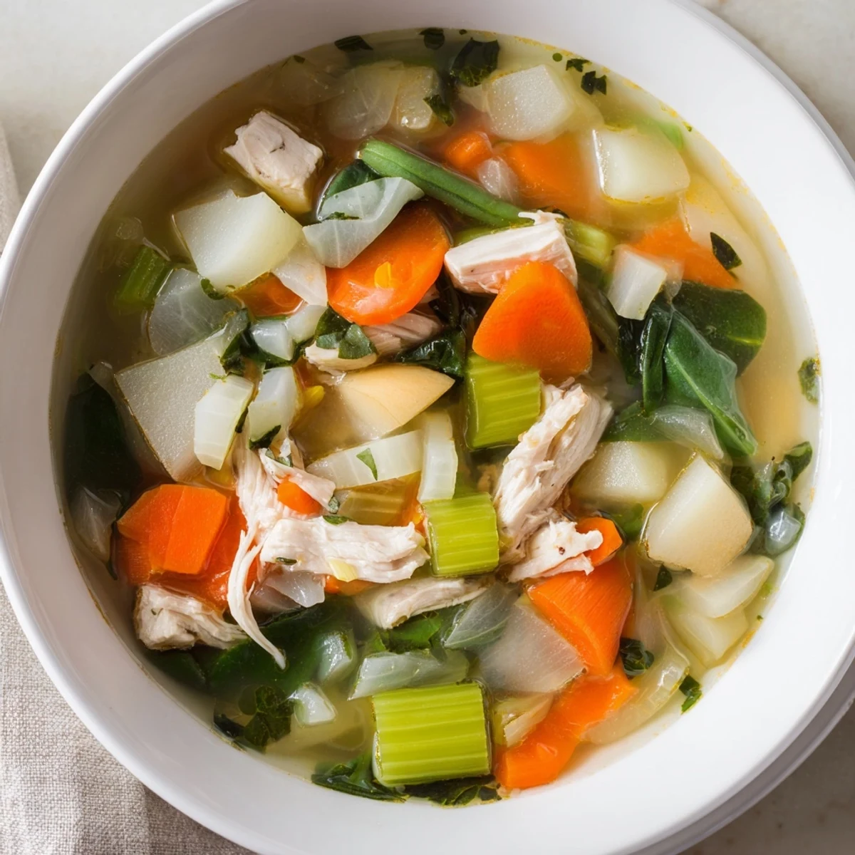 Close-up of hearty Snowy Day Low Fat Soup, highlighting the vibrant colors of seasonal vegetables.