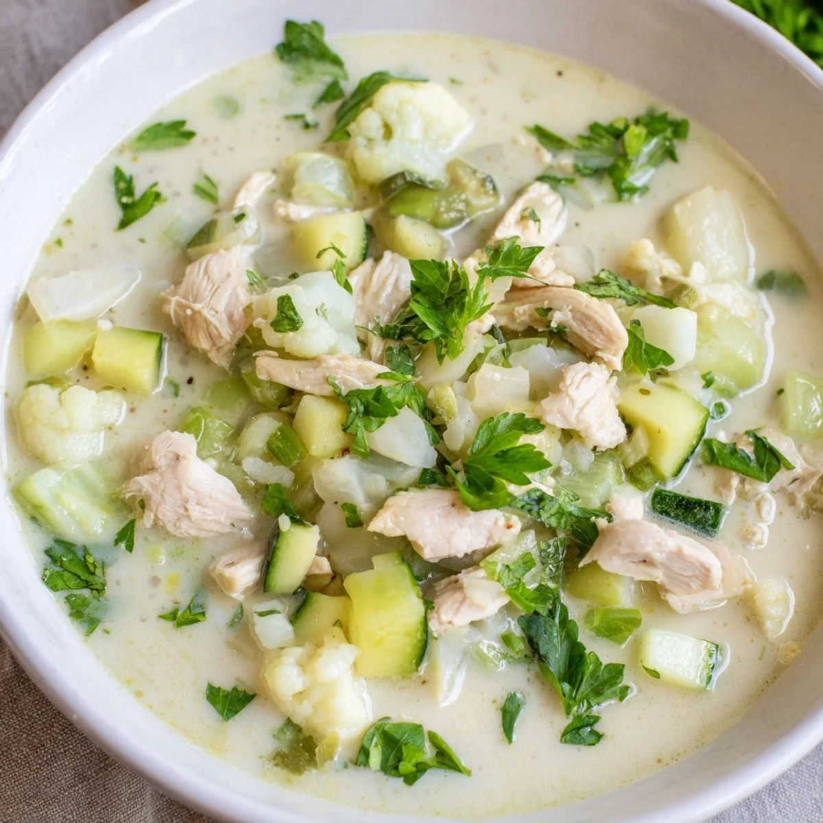 A steaming bowl of Cozy Evening Keto Soup, showcasing tender chicken and creamy broth.
