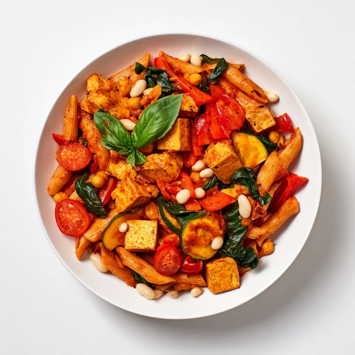 A vibrant bowl of Holiday Market High Protein Pasta, a colorful and satisfying vegetarian meal.