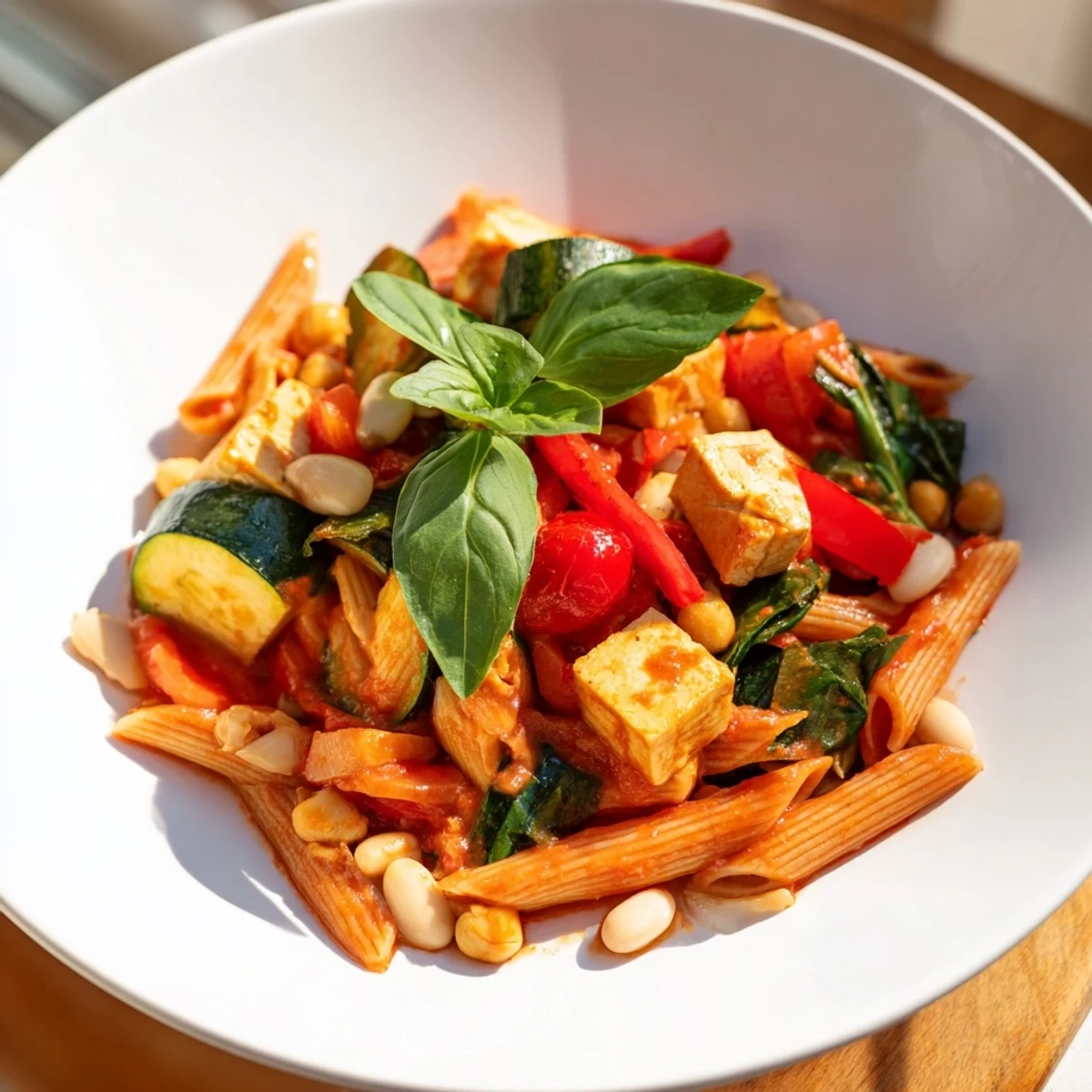 This festive Holiday Market High Protein Pasta displays hearty pasta and colorful vegetables with crumbled cheese.