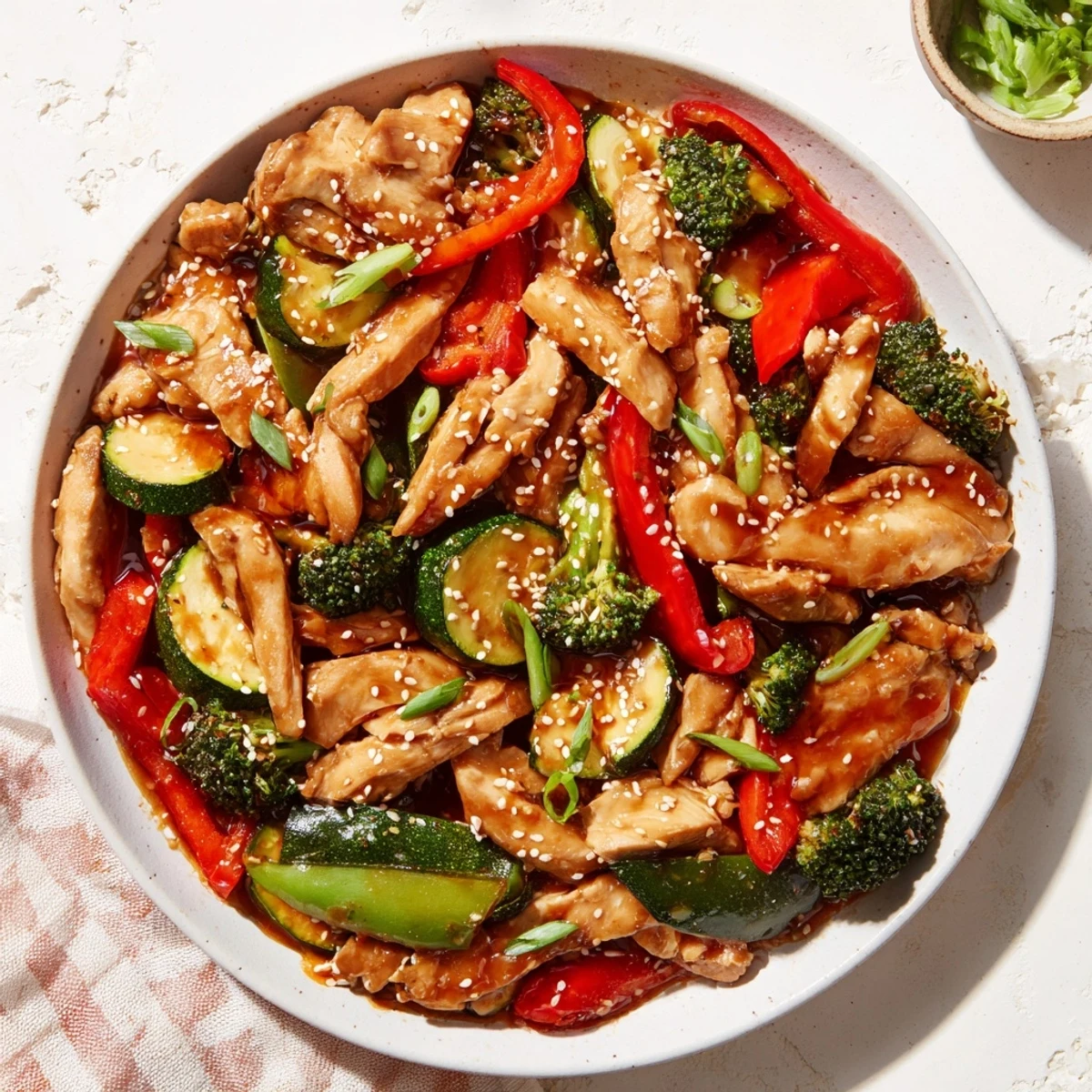 Delicious chicken and veggie Cozy Evening Low Carb Stir Fry, coated in a savory sauce and sprinkled with sesame seeds.