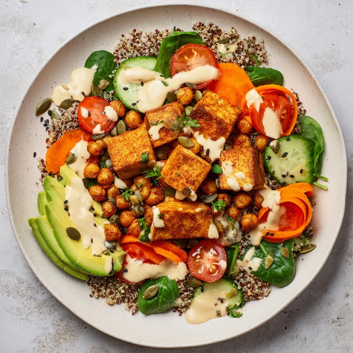Warm, inviting photo of a Cozy Evening High Protein Grain Bowl with golden chickpeas and vibrant veggies.