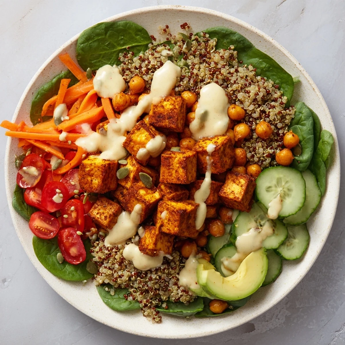 This delicious Cozy Evening High Protein Grain Bowl features roasted tofu, drizzled with flavorful tahini dressing.