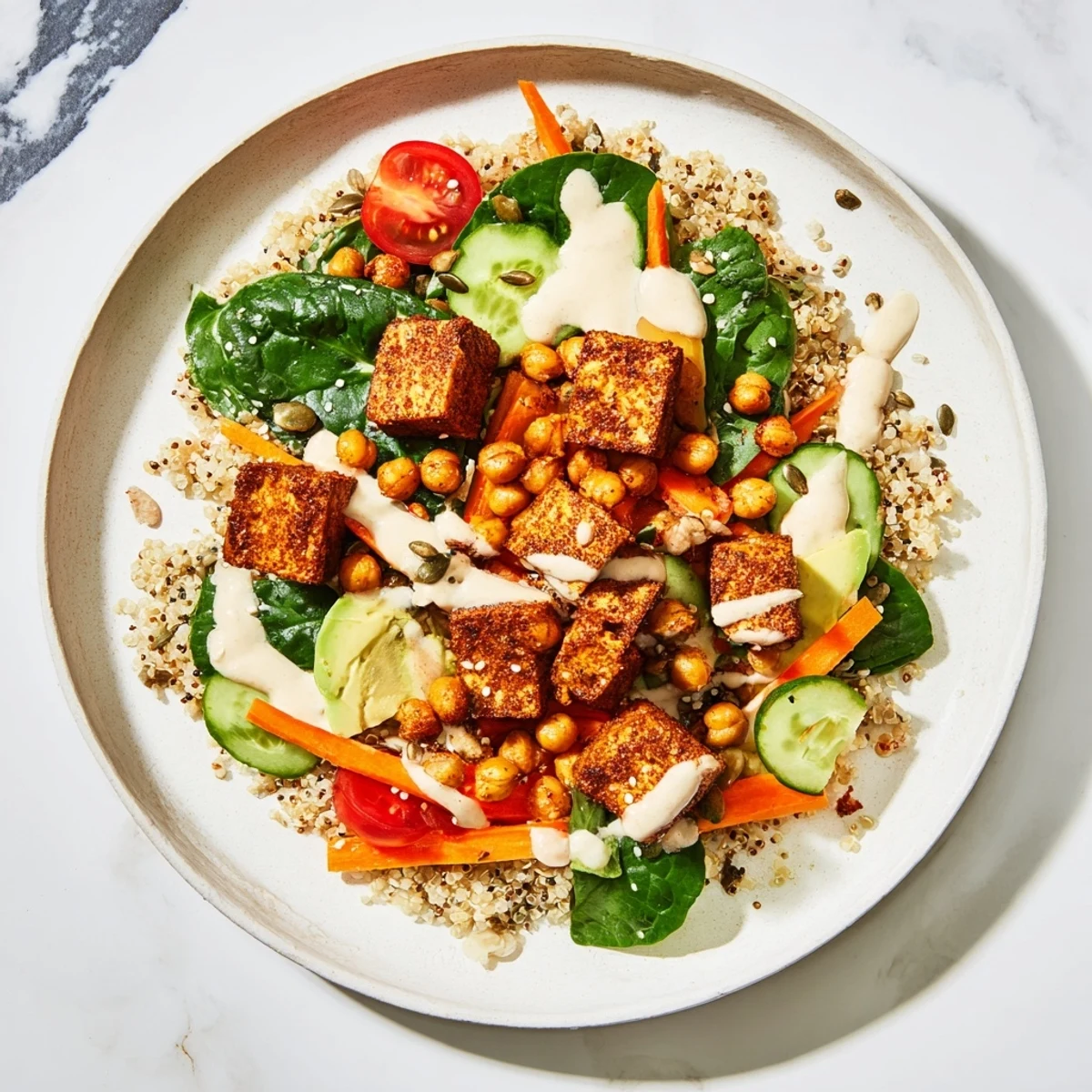 A close-up view of a beautifully arranged Cozy Evening High Protein Grain Bowl, showcasing fresh ingredients.