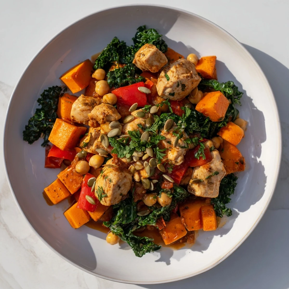 Steaming, flavorful Winter Harvest High Protein Skillet with tender chicken and colorful vegetables, ready to serve.