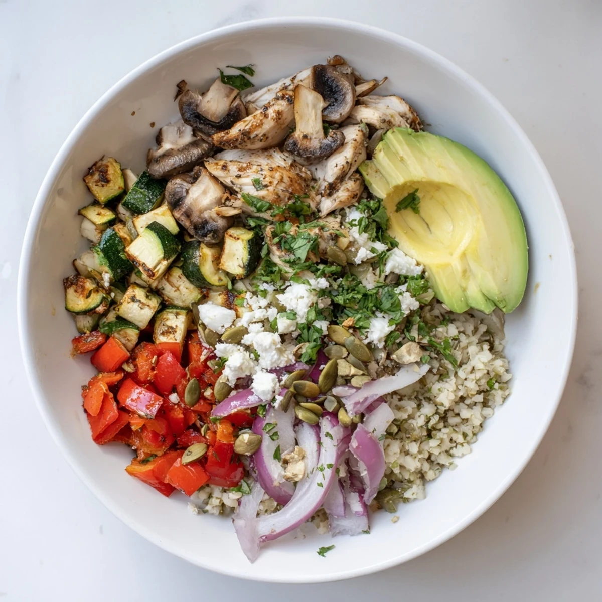 A vibrant Fireside Low Carb Grain Bowl with roasted vegetables and shredded chicken looks delicious.