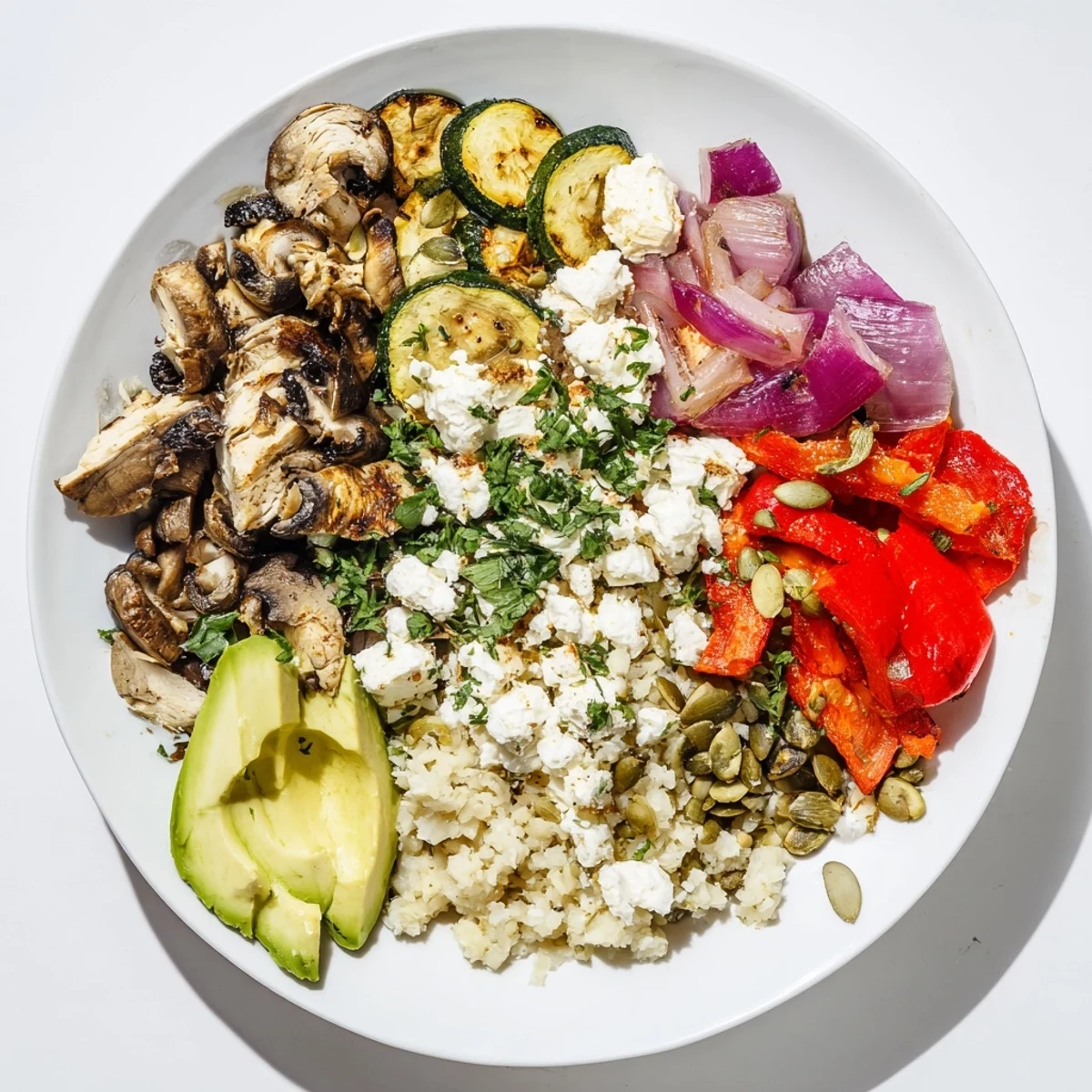 This colorful Fireside Low Carb Grain Bowl features tender roasted vegetables—a healthy, satisfying dish.