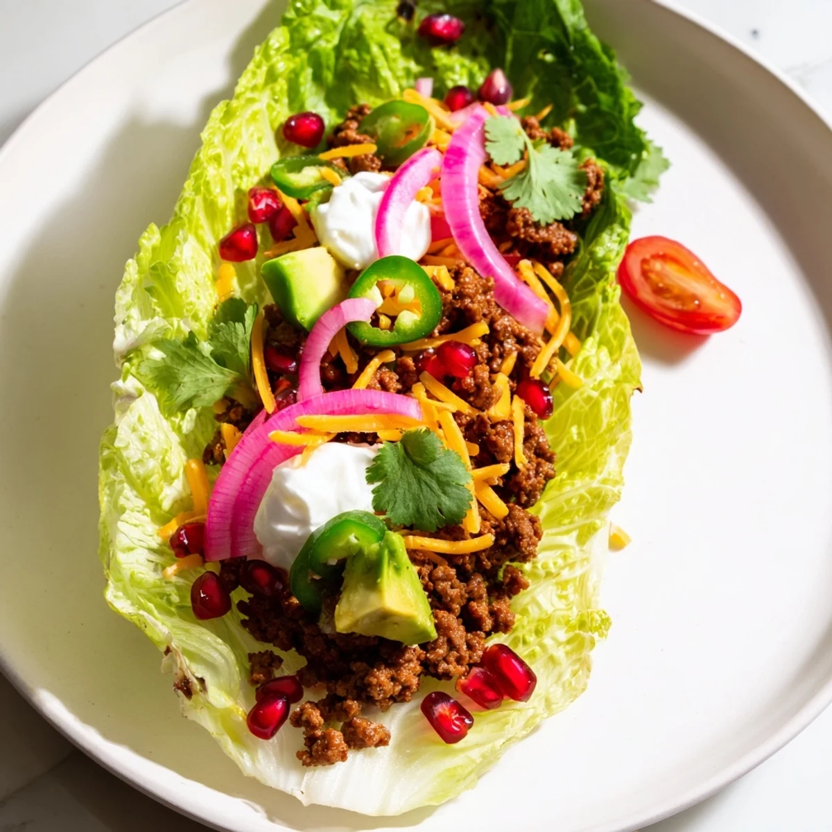 Savory Holiday Market Keto Tacos with a spiced meat filling, cheese, and festive pomegranate seeds for flavor.