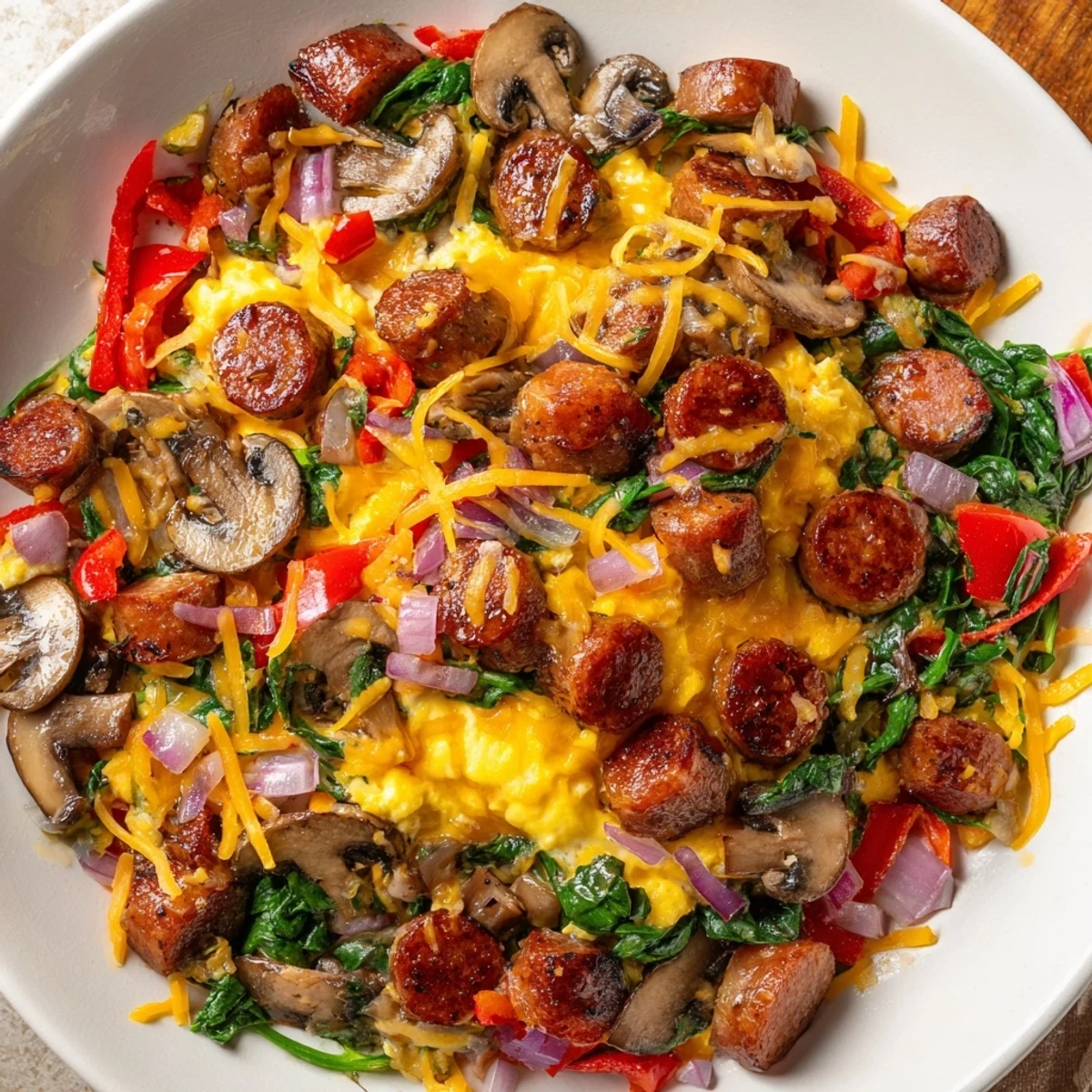 Fluffy Frosty Morning Keto Skillet with melted cheese and savory sausage, a perfect breakfast.
