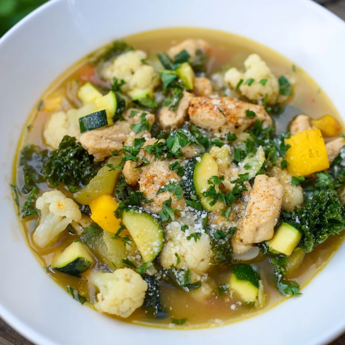 Steaming bowl of Winter Wellness Keto Soup with tender chicken and fresh parsley garnish.