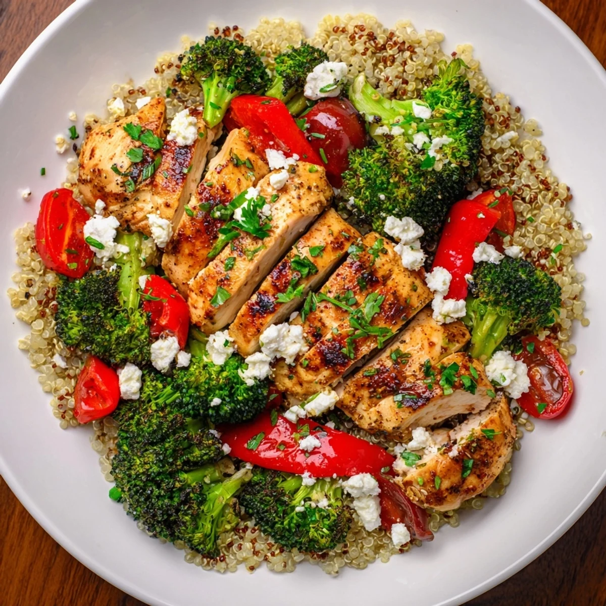 A delicious, colorful Crisp Air Chicken and Quinoa Power Bowl, served in individual bowls, looks fresh.