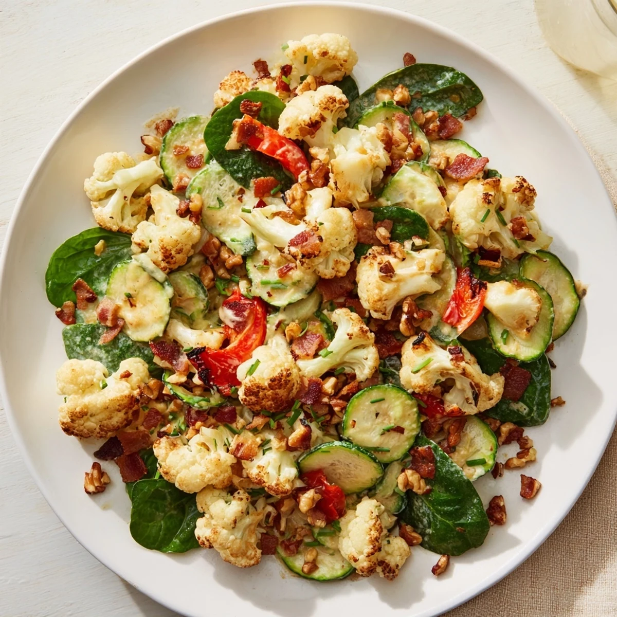 Golden-roasted vegetables and crispy bacon star in this warm Hearth Keto Salad, a delicious low-carb meal.