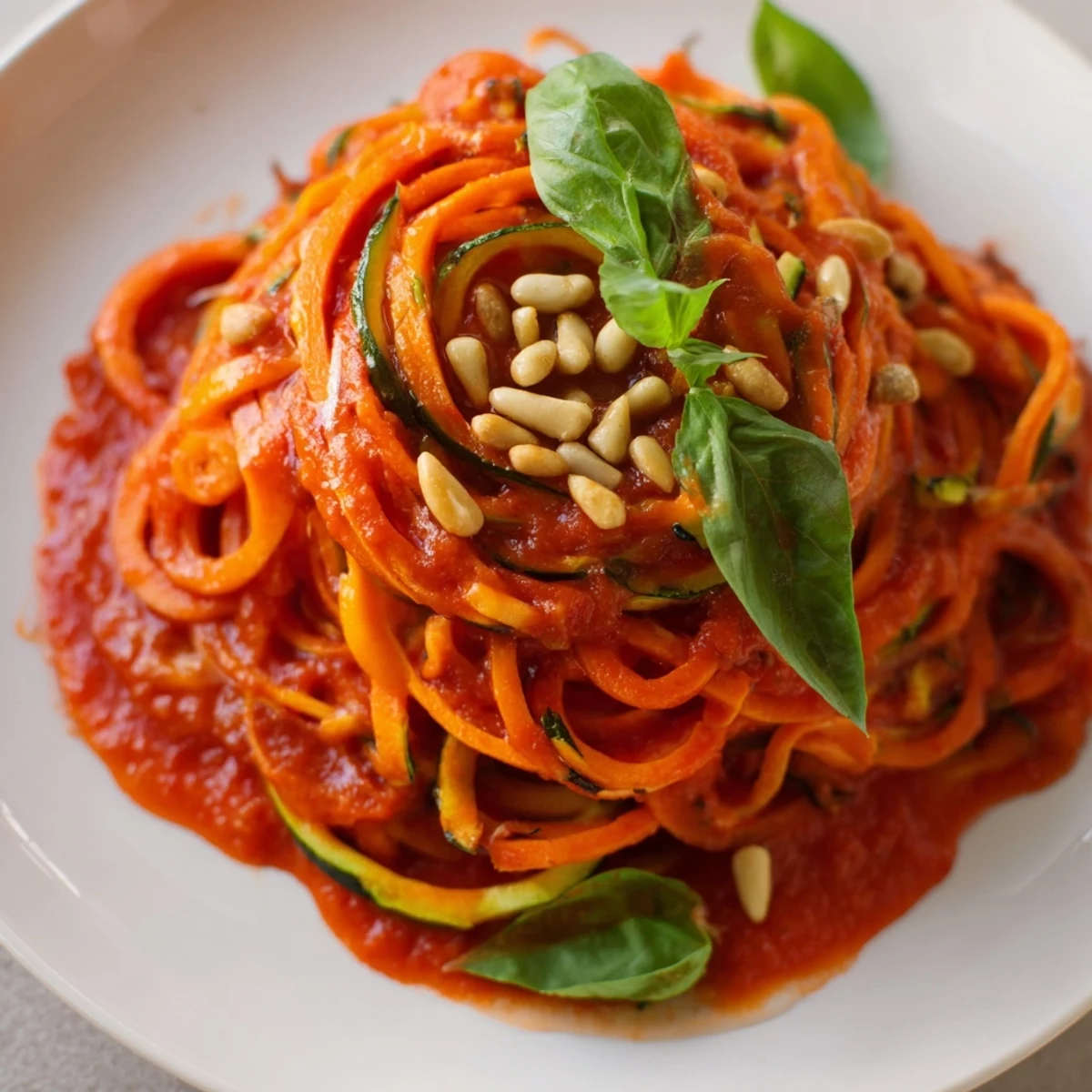 Paleo Pasta, a colorful dish with spiralized vegetables and rich tomato sauce, ready to serve.