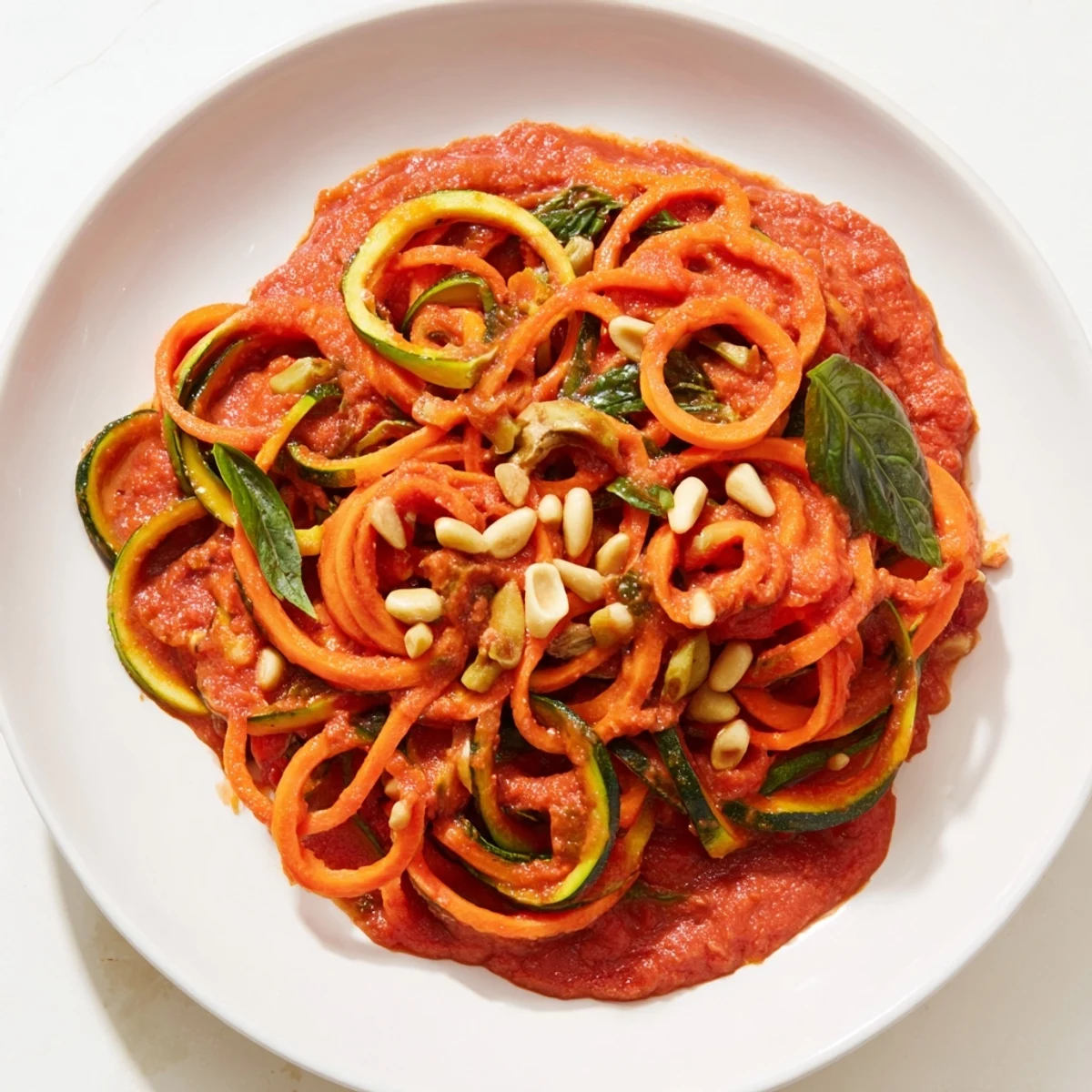 Delicious New Year Paleo Pasta, topped with fresh basil and toasted pine nuts, a healthy entree.