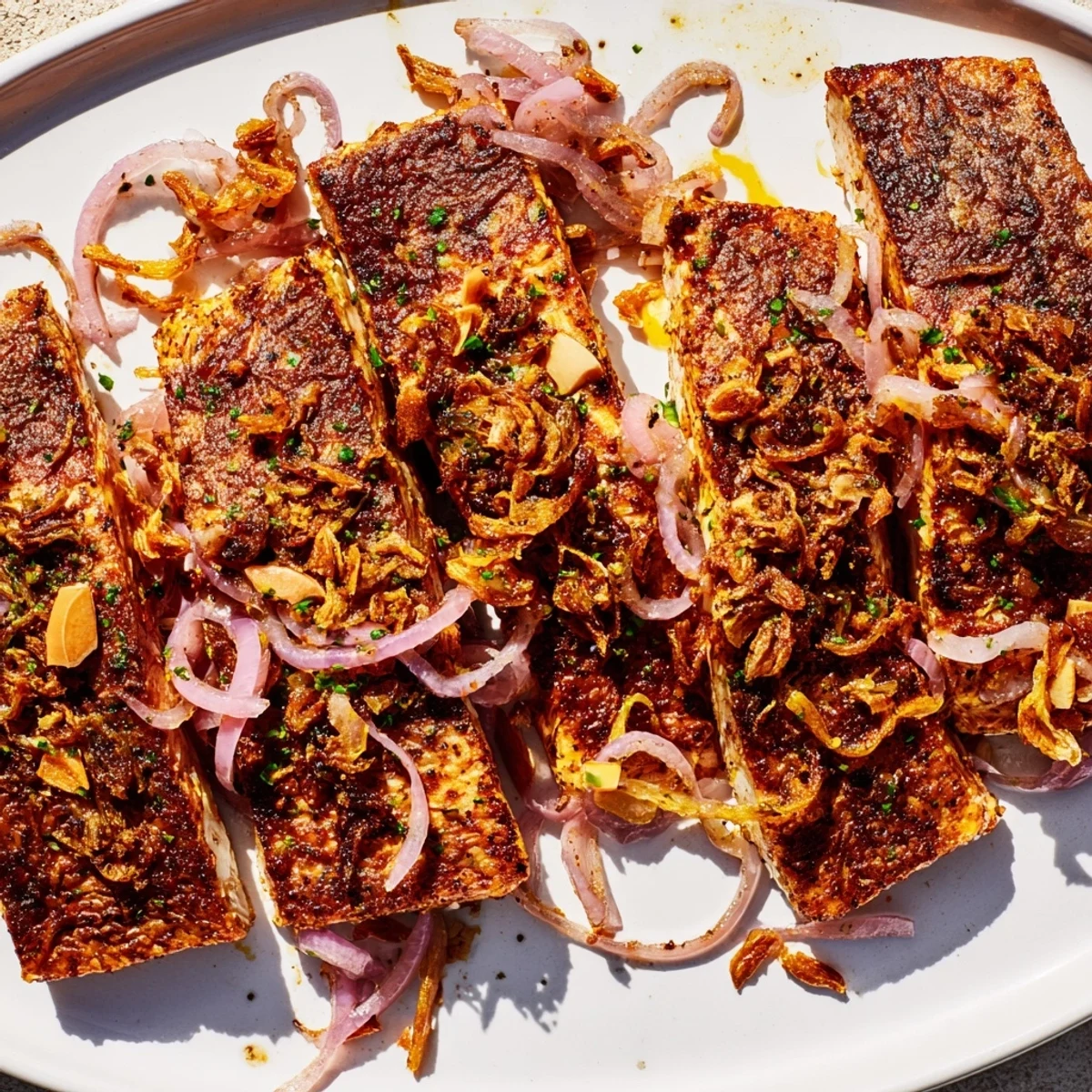 Beautifully browned Crisp Air Paleo Roasted Brussels Sprouts, fresh from the oven, with parsley garnish.